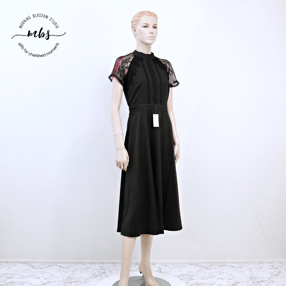 NWT Liquorish A Line Lace Detail Midi High Neck Dark Academia Dress Black Women